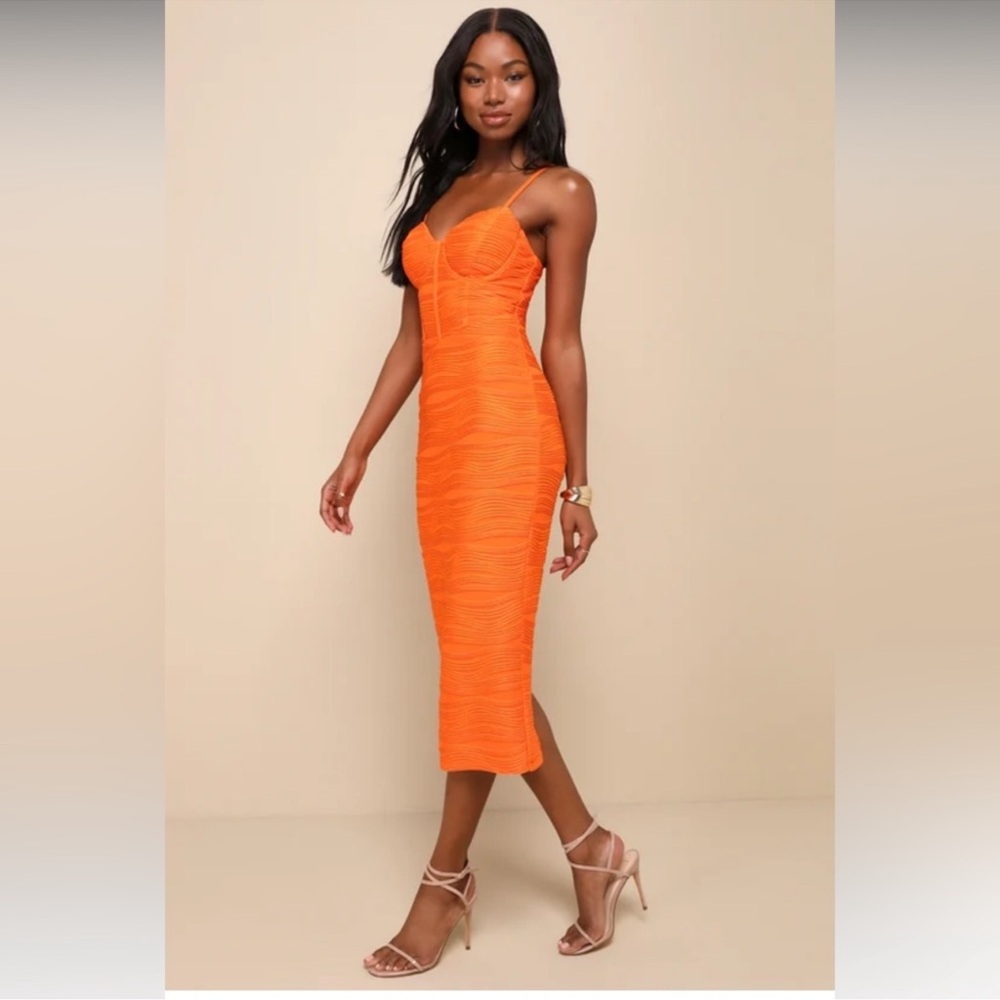 Lulus Undeniable Icon Orange Textured Bustier Bodycon Midi Dress size Large